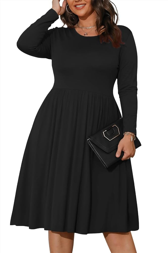 POSESHE Women's Plus Size Dresses Long Sleeves Crew Neck Casual Dresses Empire Waist Loose Flowy ... | Amazon (US)