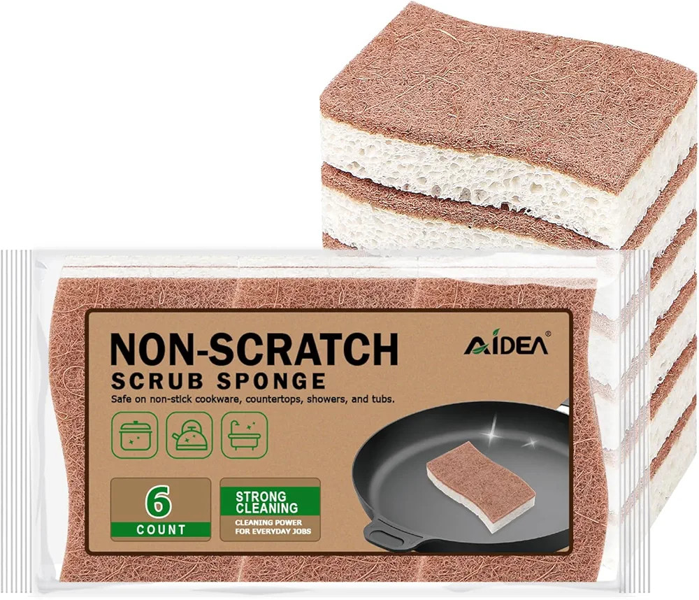 AIDEA Non Scratch Scrub Sponge, 6Count, Natural Sponge for Non Stick Cookware, Sponges Kitchen, C... | Amazon (US)