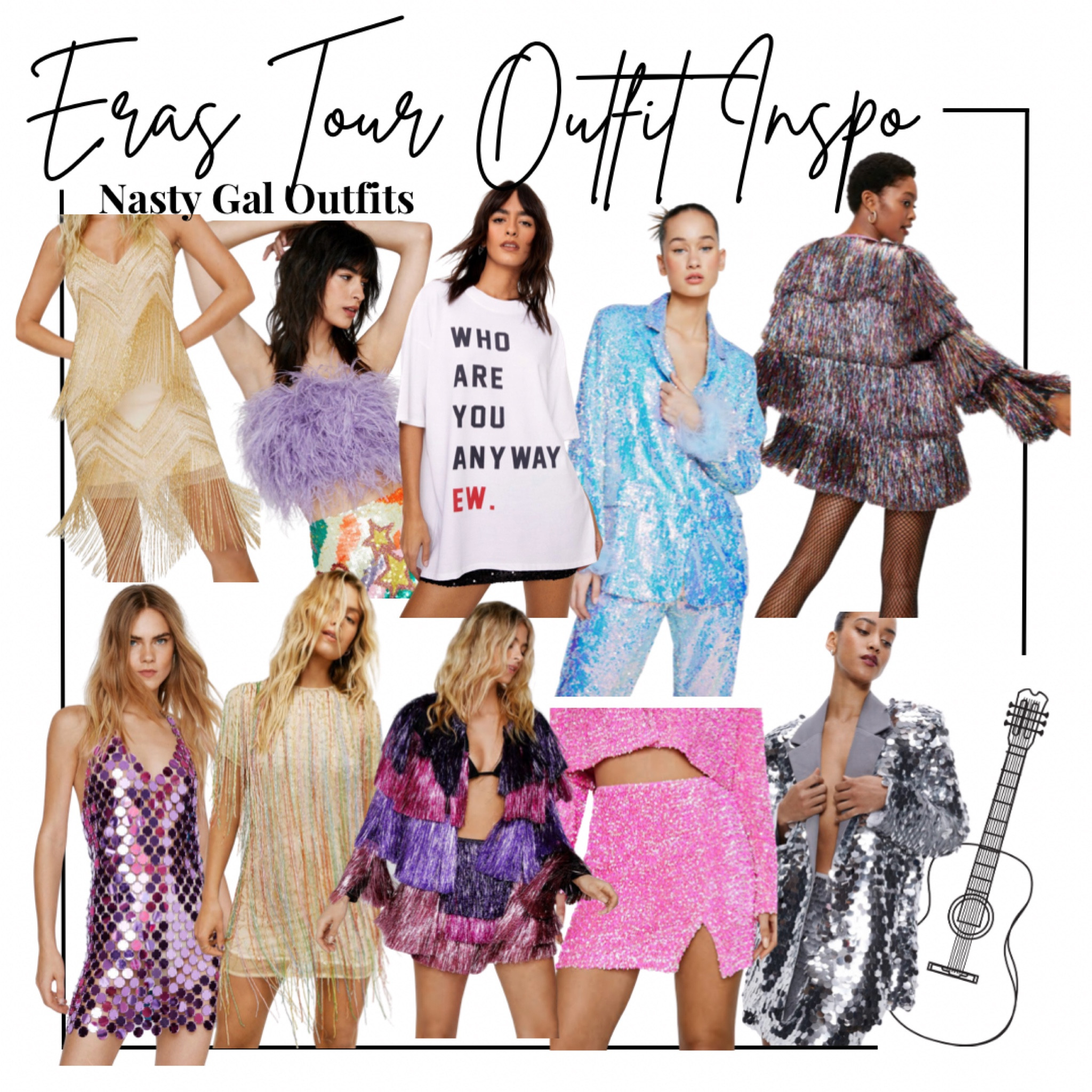 Taylor swift eras tour Outfit inspo from nasty gal - gold fringe dress (fearless era), fringe coat (karma inspo from midnights), sequin skirt, sequin matching set, who’s Taylor swift anyways inspired tee, lavender haze top, speak now eta, lover era, sequin dress 

Concert outfit, Outfit inspo, Taylor Swift, eras tour, affordable Outfit, festival Outfit 

#LTKstyletip #LTKunder100 #LTKFind
