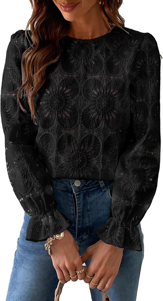 CUPSHE Women Eyelet Long Sleeve Tops Shirts Dressy Hollow Out Crochet Lace Embroidered Blouses 20... | Amazon (US)