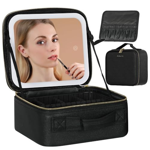Behaesty Travel Makeup Bag with LED Lighted Mirror, Cosmetic Makeup Organizer Bag with 3 Color Setting, Makeup Train Case with Adjustable Dividers for Women Makeup Brushes Jewelry Accessories (Black) | Amazon (US)