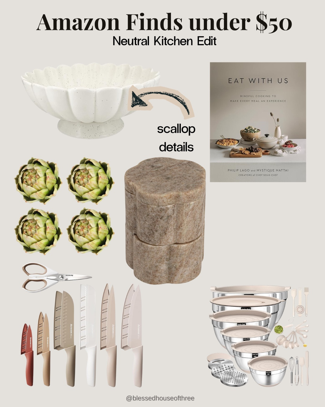 Amazon neutral kitchen finds that look high-end without the high price tag. These under $50 favorites add texture, warmth, and everyday function to your kitchen while keeping a clean, modern aesthetic. From scalloped serveware to sleek mixing bowls and neutral knives, these affordable kitchen essentials are perfect for a simple refresh.

#LTKHome #LTKSaleAlert