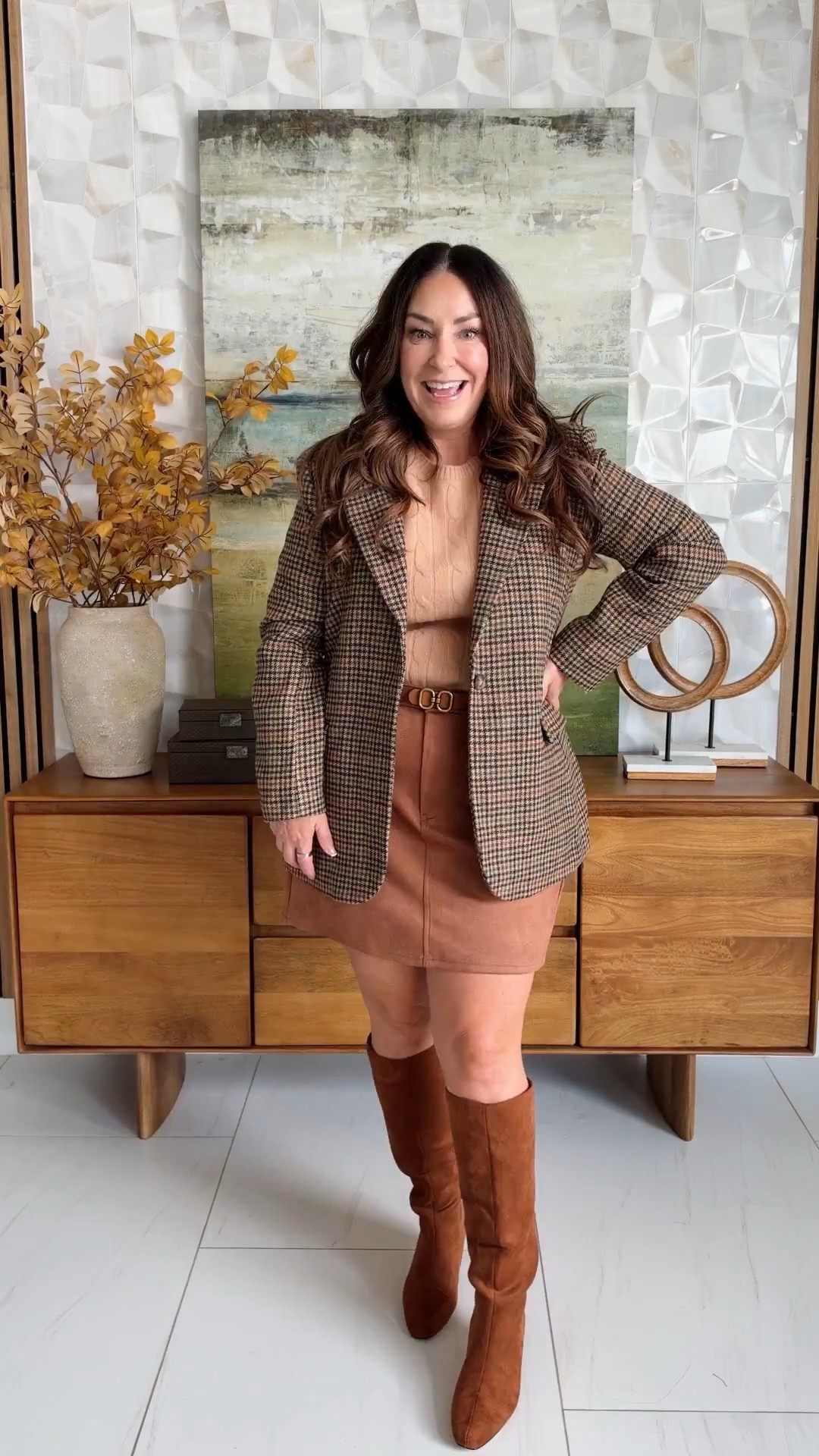 Warm fall neutrals — a camel cable knit crewneck sweater tucked into a rust faux suede mini skirt with a cognac buckle belt, styled with tall brown suede knee-high boots. A cute weekend outfit for a football game, apple orchard, or coffee run. Sizing: skirt, XL, sweater, L , jacket, L 

@Tuckernuck

#LTKOver40 #LTKSeasonal #LTKMidsize