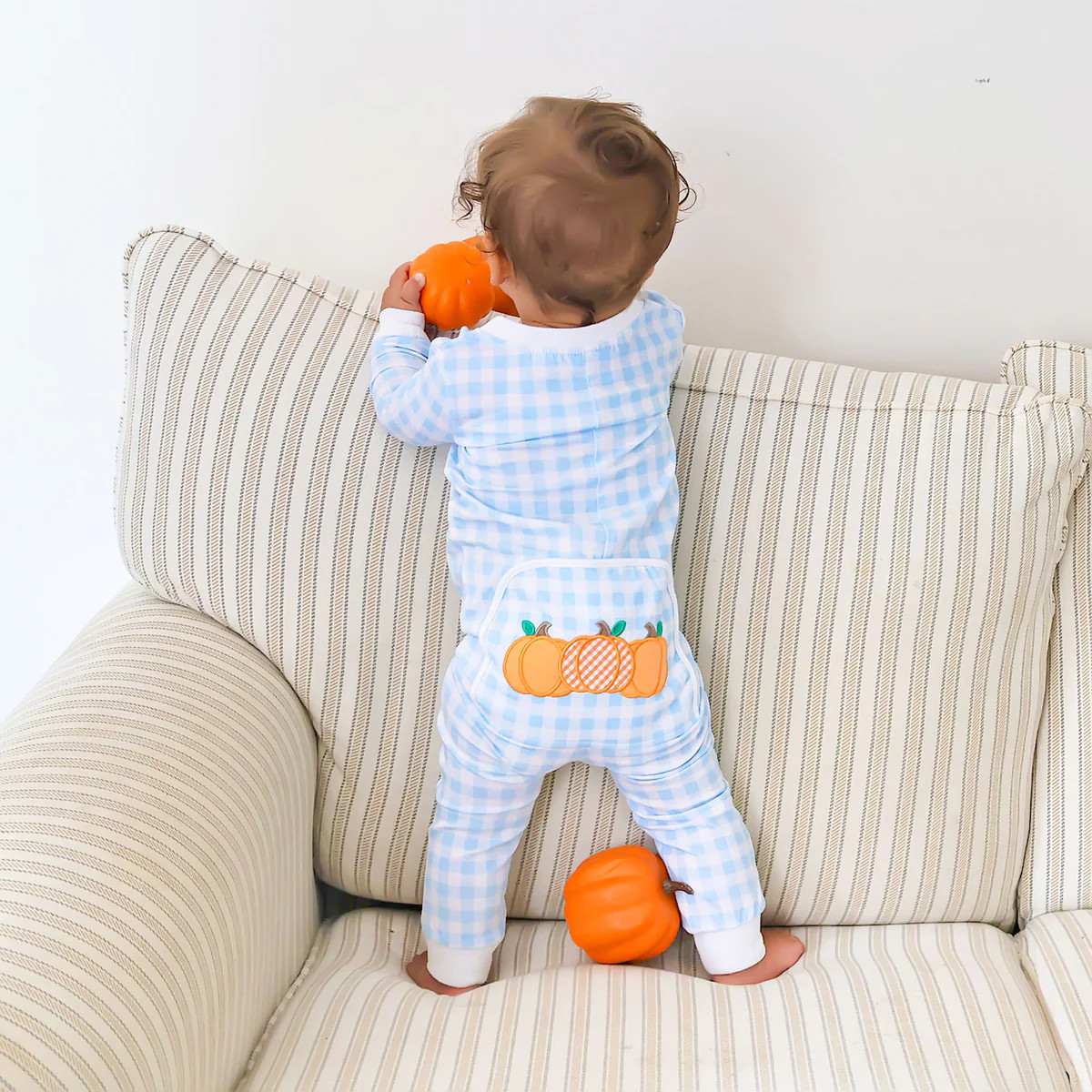 Pumpkin Cluster Blue Gingham Zip Sleeper | Classic Whimsy