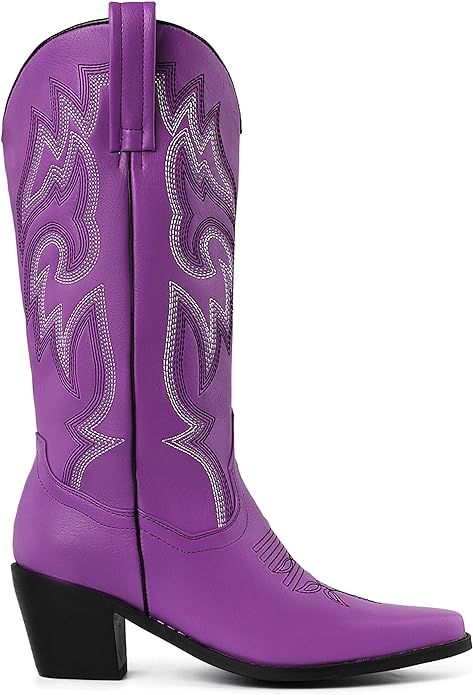 CRYSIGNE Women Vintage Embroidered Mid Calf Cowboy Cowgirl Boots Ladies Snip Toe Pull On Chunky H... | Amazon (US)