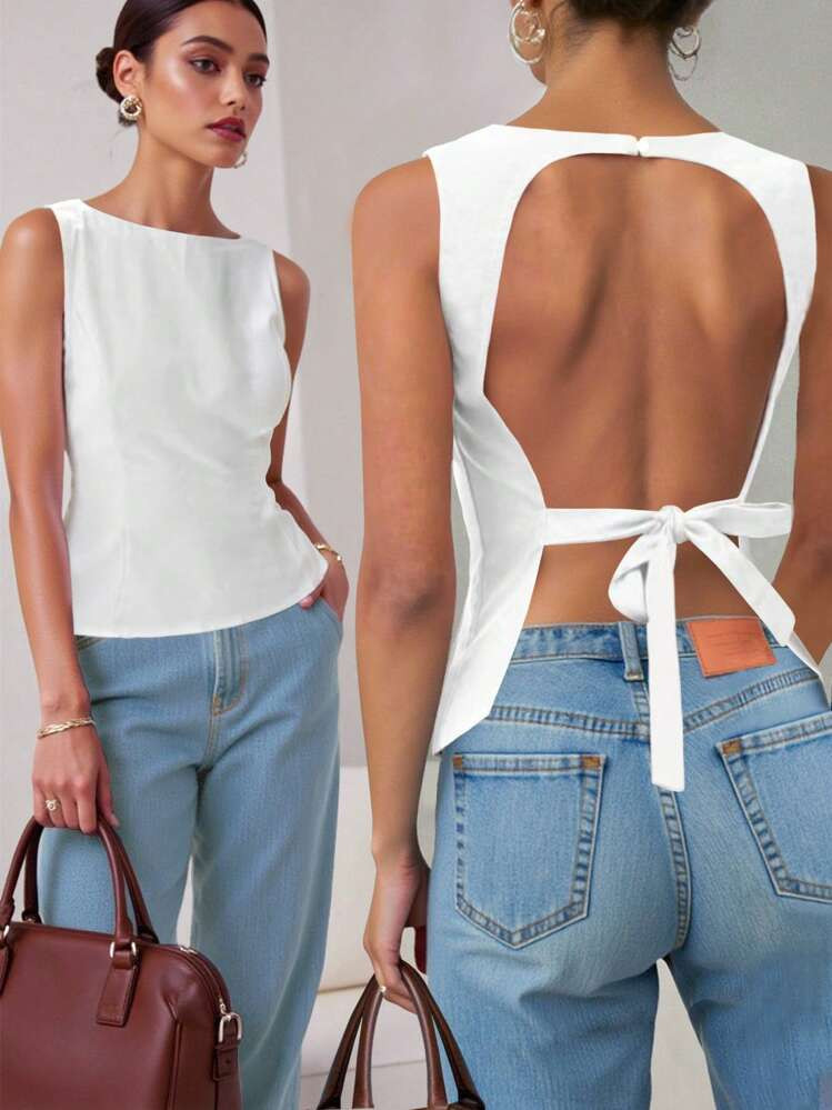 INAWLY Women Fashionable Minimalist Sexy Backless Tank Top Vacation Holiday Resort Sexy Backless Tank Top Vacation Holiday Resort,Women Plain Color Round Neck Simple Sexy Backless Tank Top,Women's Simple Sexy Backless Cutout Tank Top With Back Tie Waist,Flattering,Pear Shape,Apple Shape Friendly,Body Inclusive,3D Tailoring,New Arrival,Slim Fit,Vintage,Vacatio,Party,Dating,Straps,Cleanfit,Vintage Hot Girl,Daily Casual ,Relaxed Fit Outfit | SHEIN