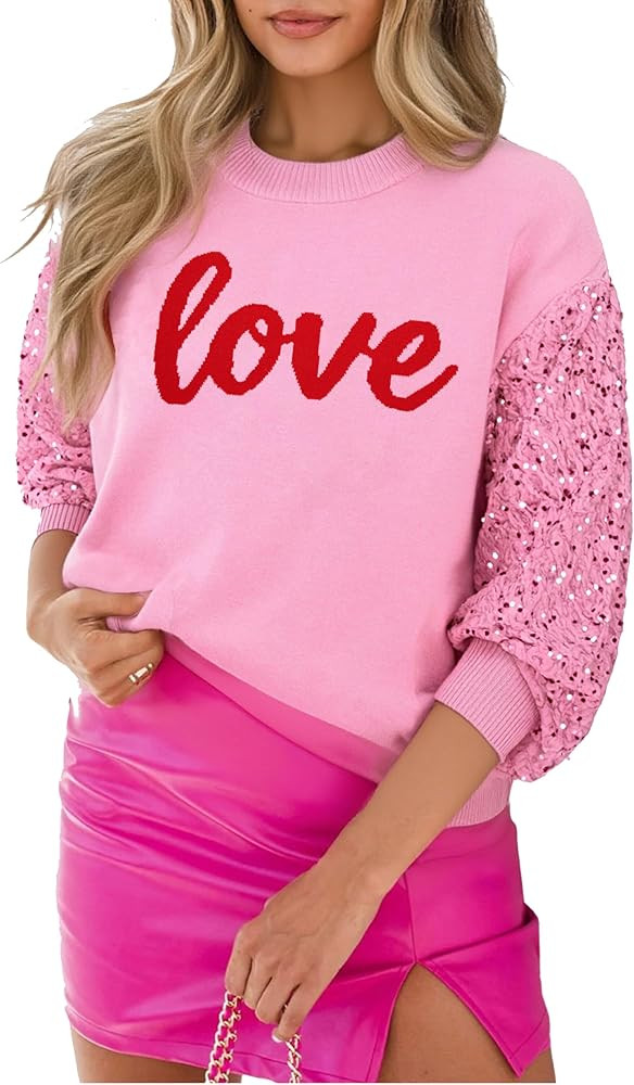 Valentines Sequin Sweater Womens Love Heart Valentines Day Outfit Crewneck Long Sleeve Holiday Kn... | Amazon (US)
