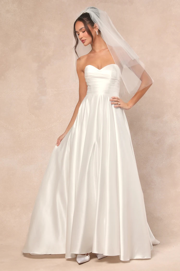 Khalida White Satin Pleated Strapless Gown | Lulus