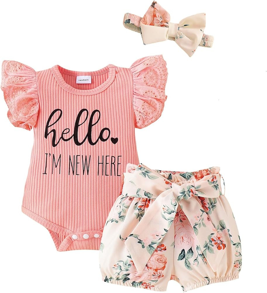 Baby Girl Summer Clothes I’m New Here Newborn Going Home Outfit Ruffle Ribbed Romper Tops Flora... | Amazon (US)