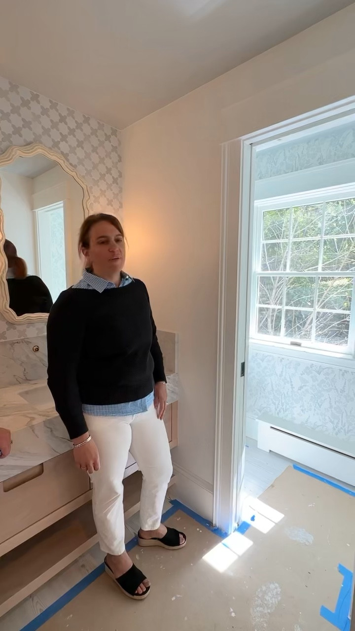 The final details of this beautiful bathroom remodel✨The custom made wallpaper is from Galbraithandpaul! The ceiling is also painted with a subtle blue with a bright color palette to allow for more light!!

#LTKfamily #LTKhome #LTKFind