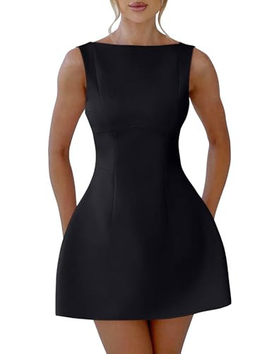YMDUCH Women's Sexy Sleeveless Crew Neck Backless A-line Party Short Mini Dress Black | Amazon (US)