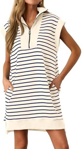 Wenrine Womens Striped Mini Dress Casual Zipper Cap Sleeve Collared V Neck Loose Knit Summer Dres... | Amazon (US)