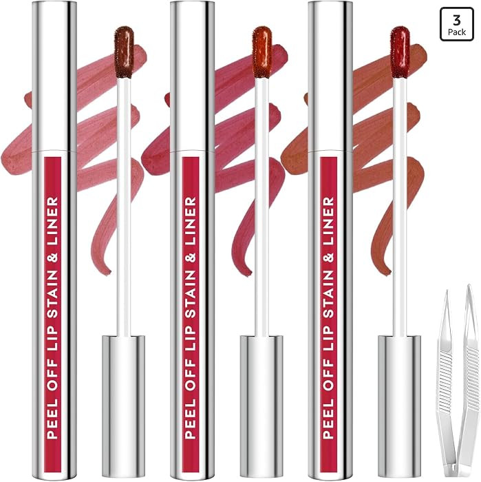 3Pcs Lip Stain Peel Off Set with Tweezer, Peel Off lip Liner Stain Long Lasting Waterproof, Matte... | Amazon (US)
