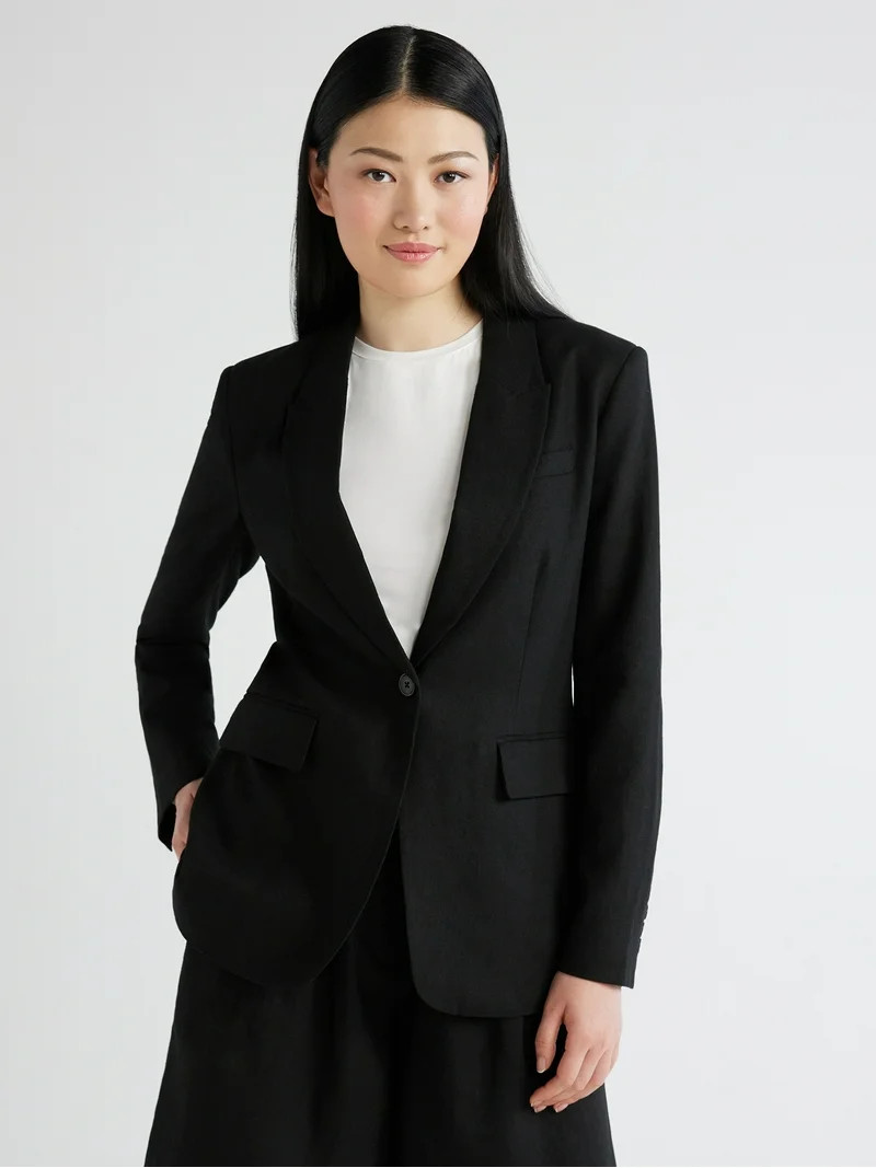 Scoop Women's and Women's Plus One Button Linen Blend Blazer, Sizes XS-4X | Walmart (US)
