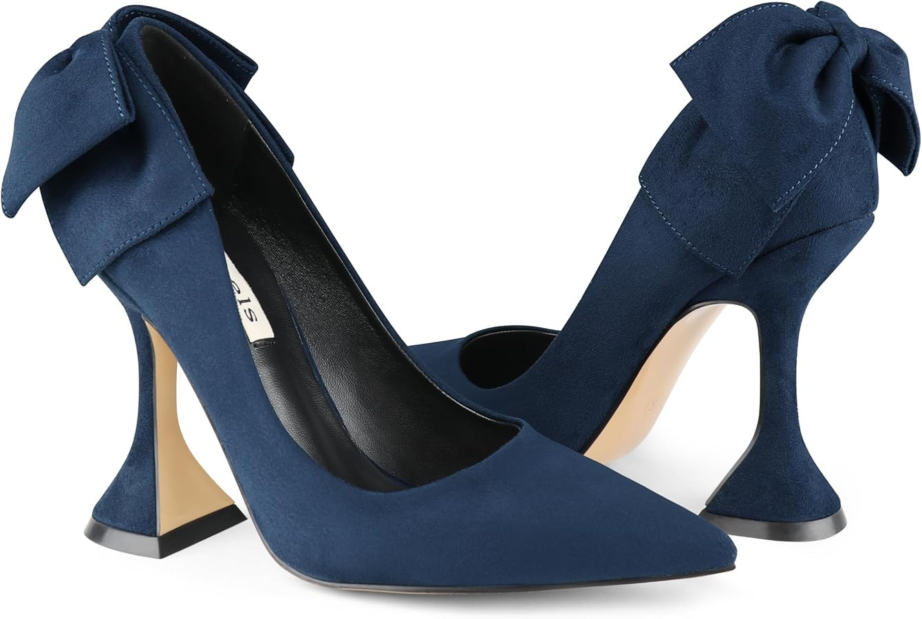 Zzheels Women's 3.74" Bow Pumps Pointed Toe Triangle Heel Pump Wedding Shoes | Amazon (US)