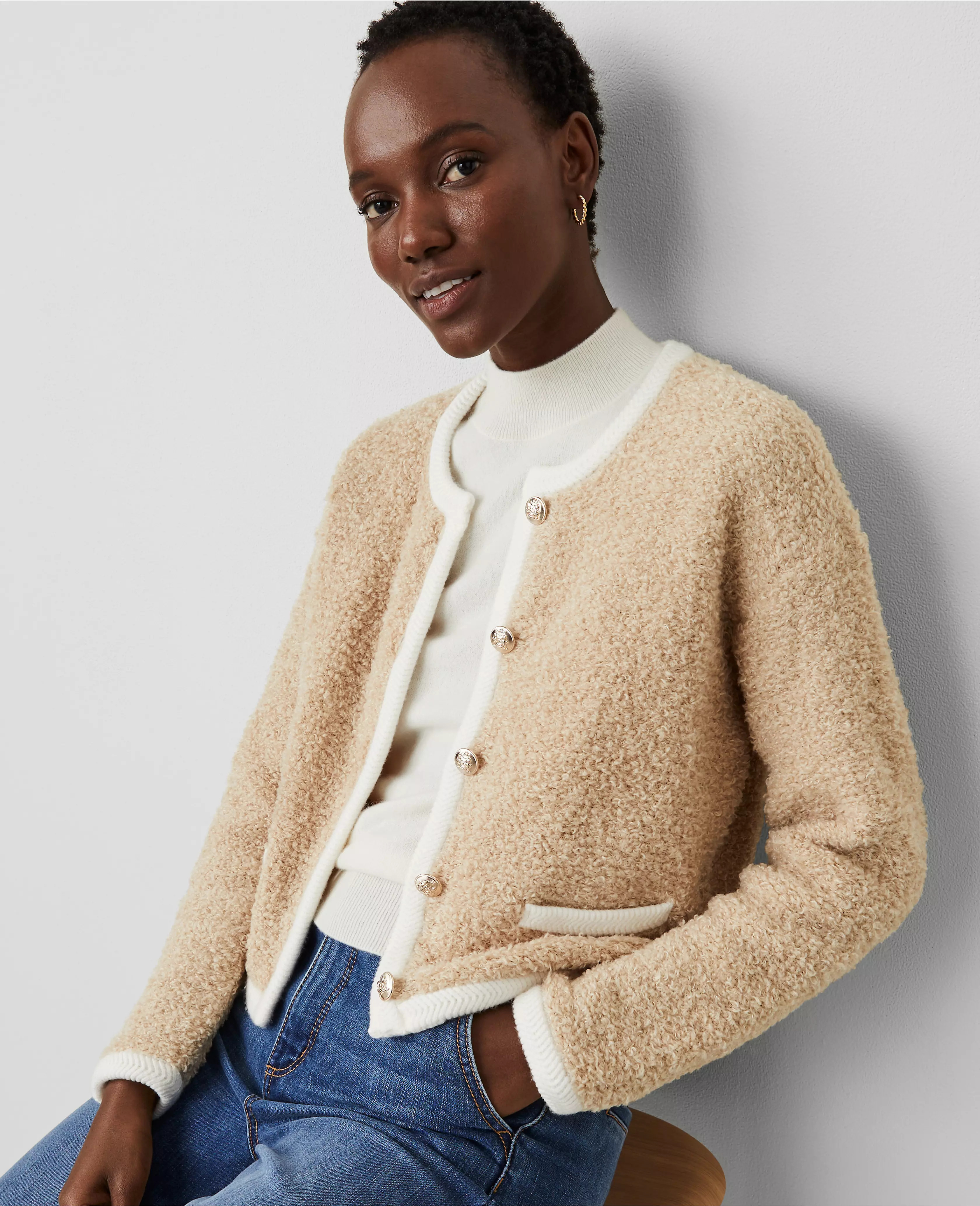 Boucle Contrast Trim Sweater Jacket | Ann Taylor (US)