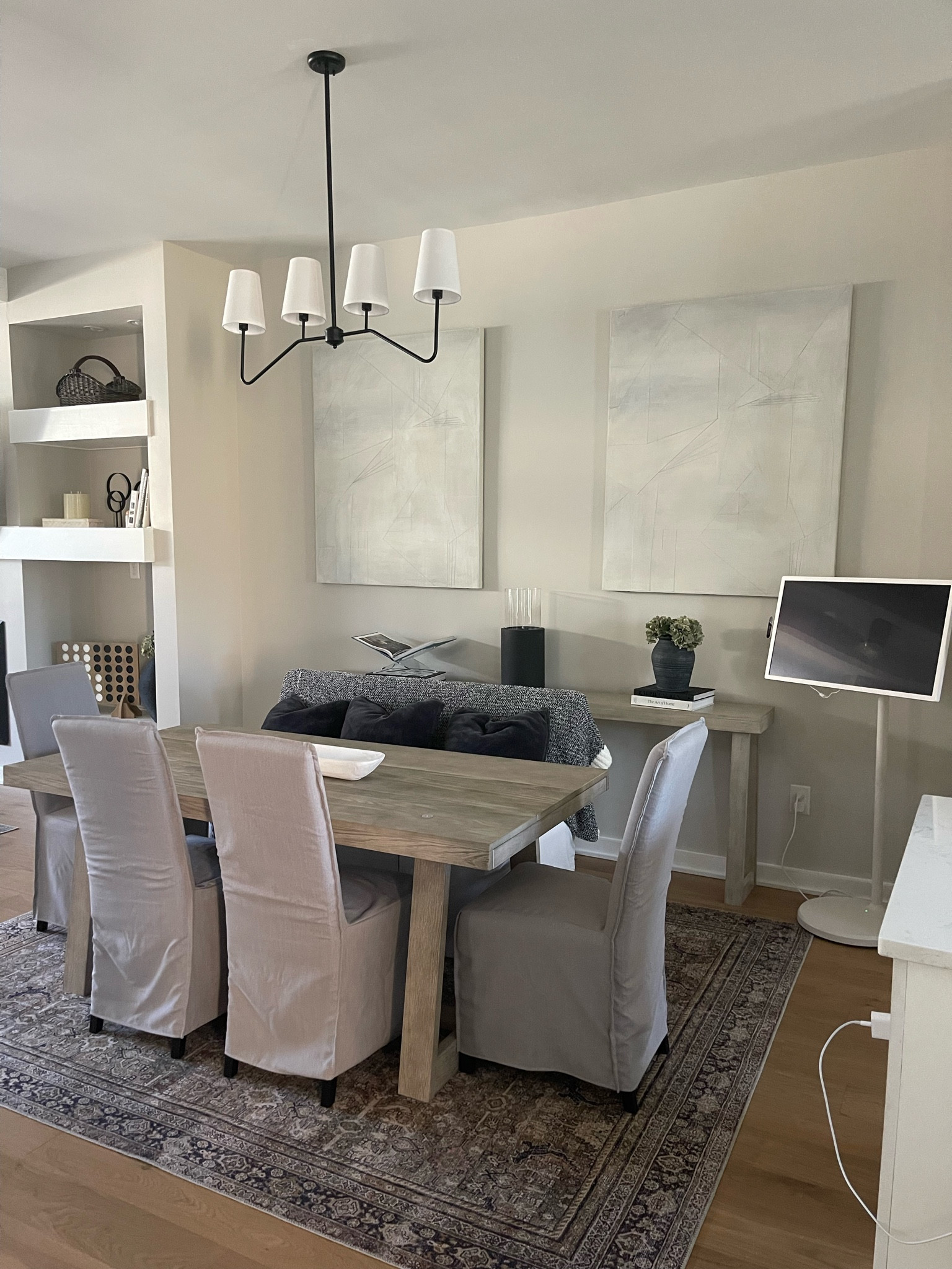My dining room! The art was custom and is sold out. I linked similar pieces for the look! 

Dining table, slip cover chair, buffet bench, tech, table top fire pit, hydrangeas, vase, artwork, wall art, rug, console table, home decor, light fixture 

#LTKFindsUnder100 #LTKSaleAlert #LTKHome