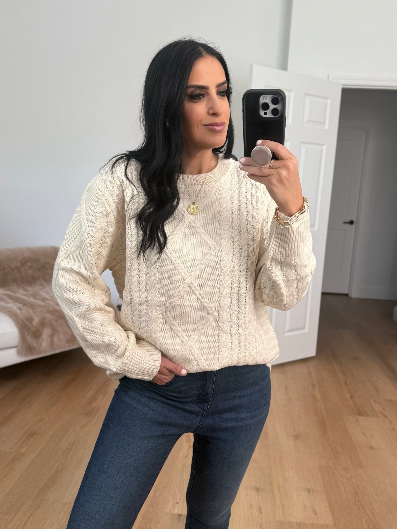 Oversized Cable Knit wearing size medium under $30. 