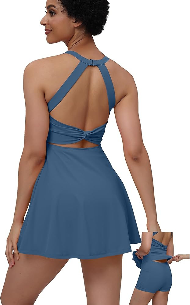 Womens Tennis Workout Dress with Easy Bathroom Shorts Romper Cut Out Twisted Athletic Dresses for... | Amazon (US)
