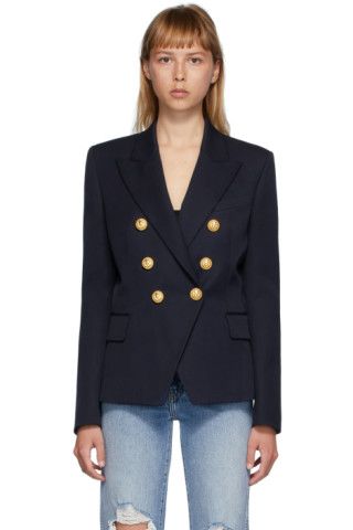 Navy Wool Double-Breasted Blazer | SSENSE