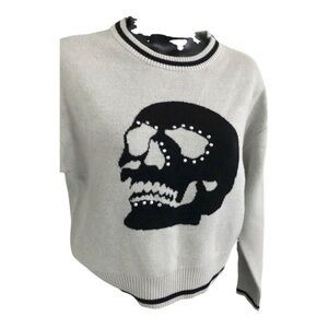 Gray & black silver studded skull printed goth long sleeve gothic sweater size M | Poshmark