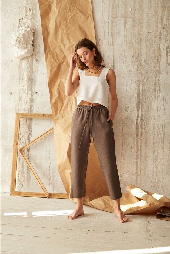Linen ankle pants linen cropped pants flax trousers natural | Etsy | Etsy (US)