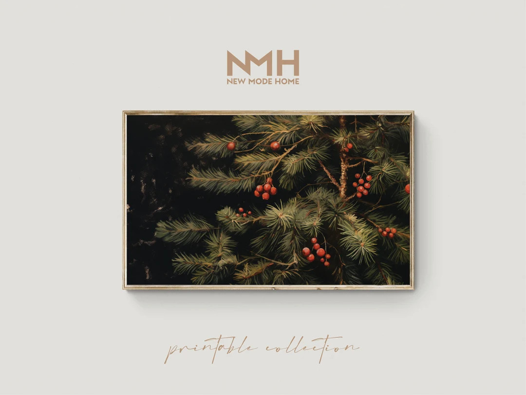 Red Berries on a Christmas Tree / Frame TV Art / Oil Painting / Holiday Printable Artwork / Downl... | Etsy (CAD)