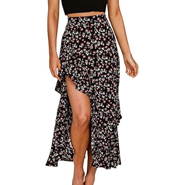 BTFBM Women 2023 Summer Spring Boho Long Skirts Dress Floral Print Elastic Waist Split Ruffle High L | Amazon (US)