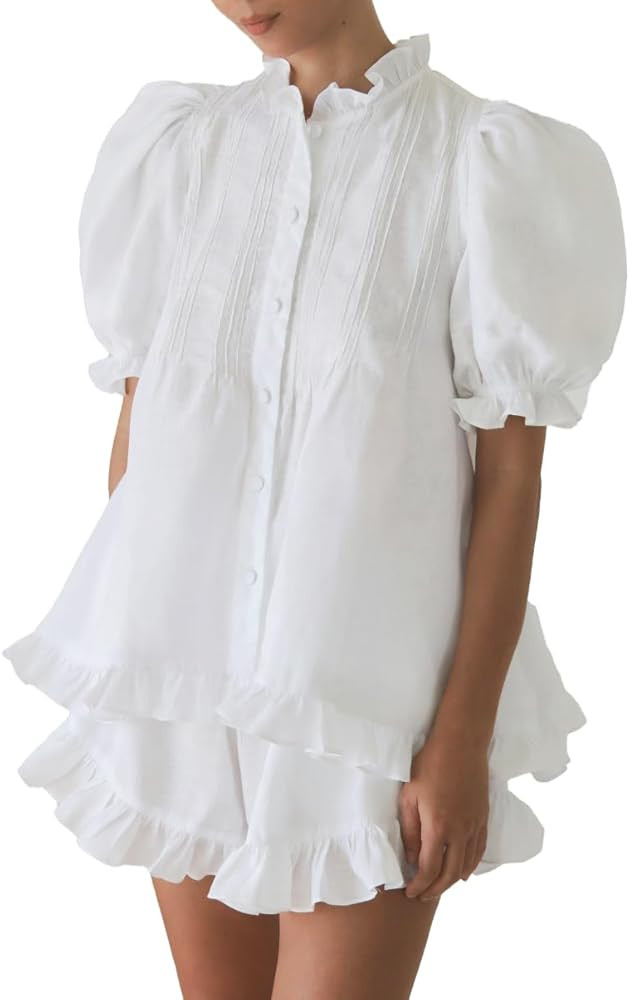 Women Ruffle 2 Piece Sets Fashion Puff Sleeve Button Down Shirts and Shorts Cotton Pajamas Sets | Amazon (US)