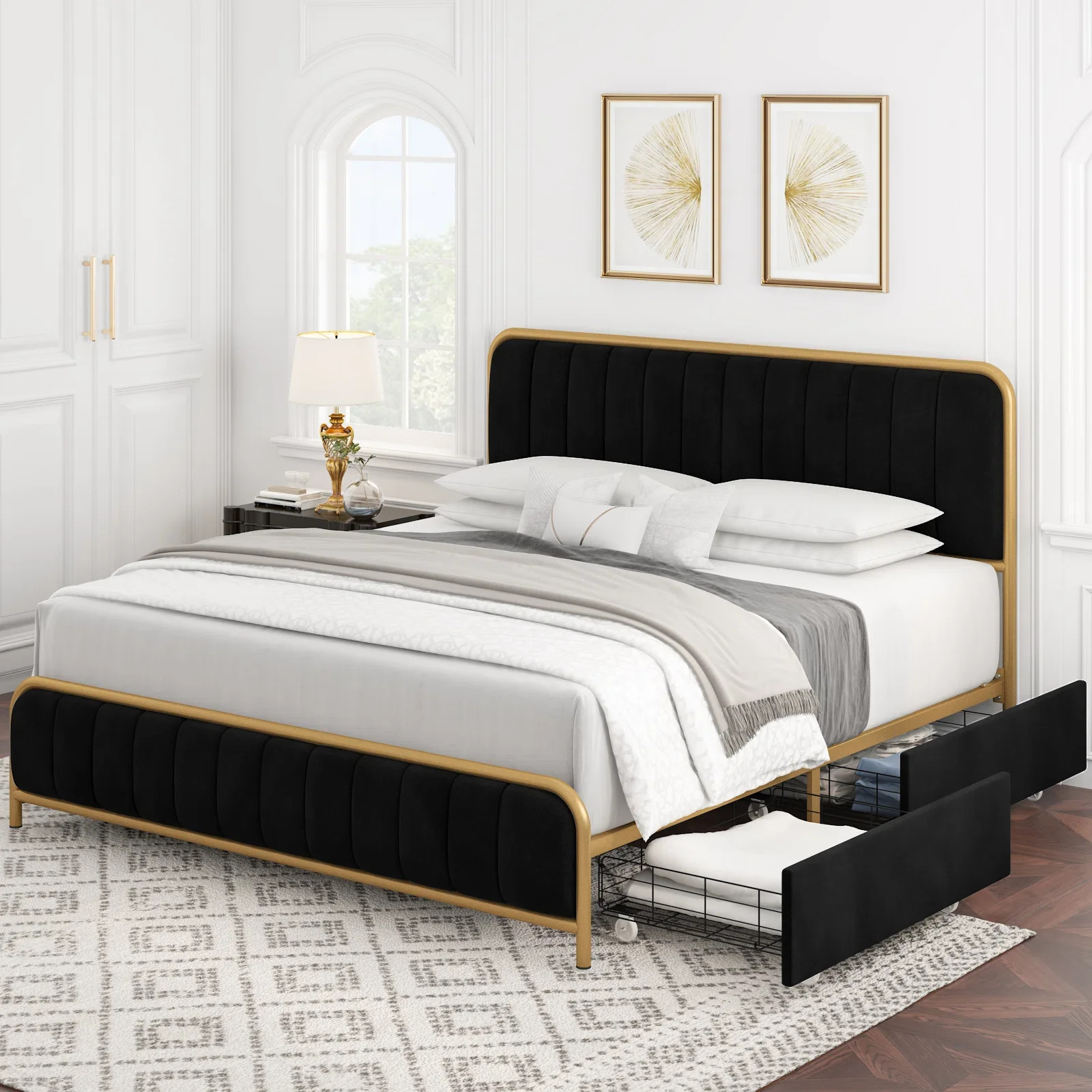 Homfa King Size Bed Frame with 4 Drawers, Round Metal Tube Platform Bed with Tufted Upholstered H... | Walmart (US)
