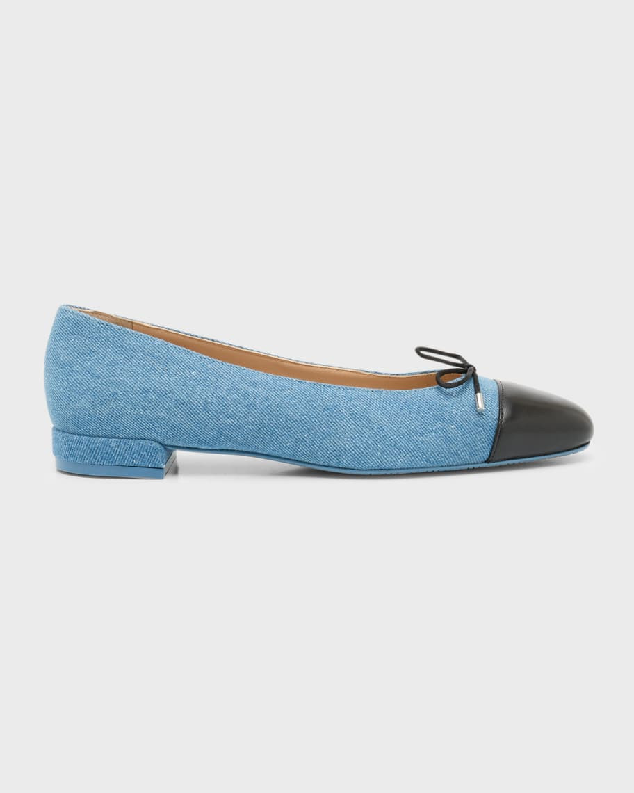 Stuart Weitzman Sleek Denim Bow Ballerina Flats | Neiman Marcus