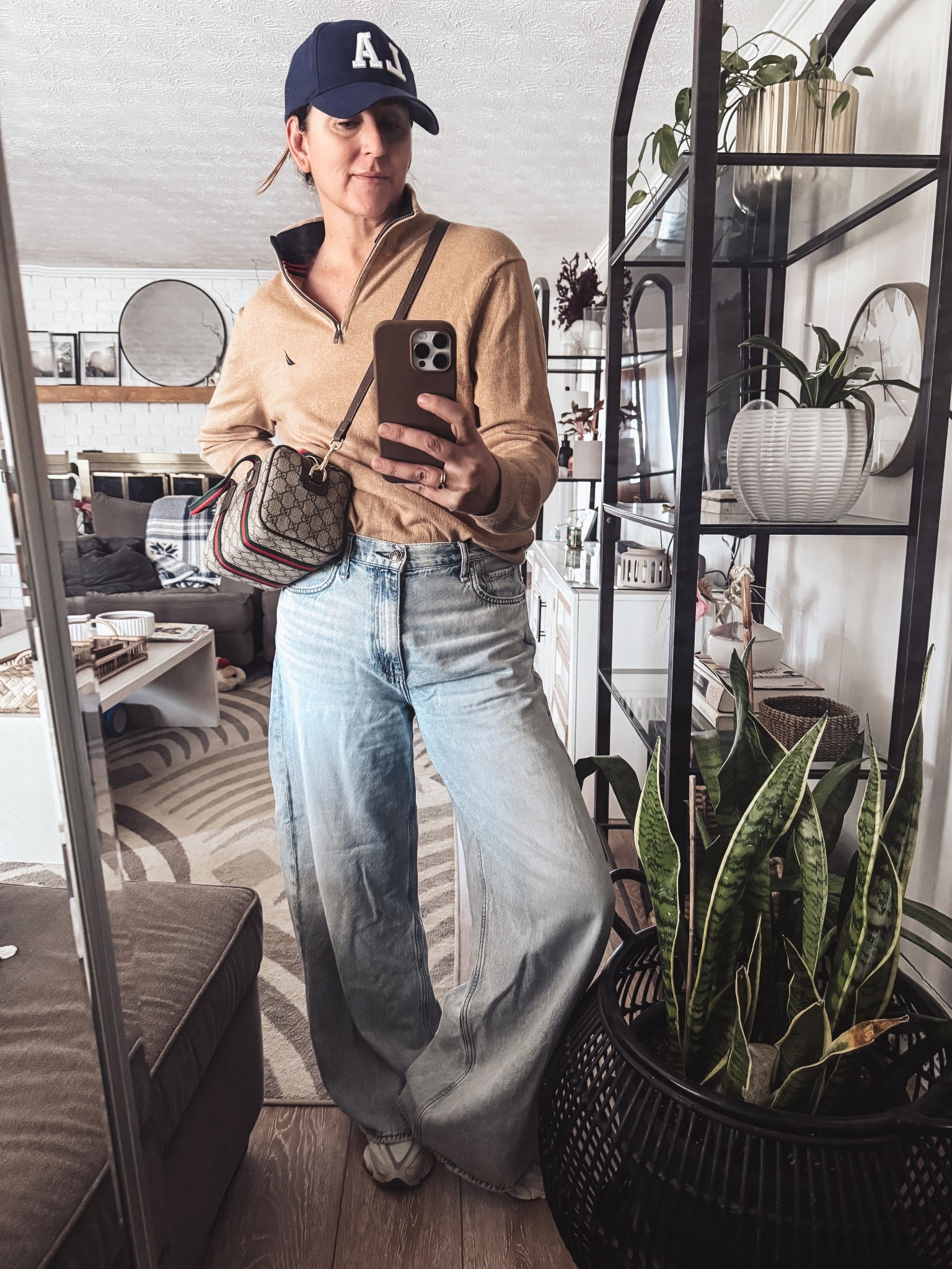 Casual Day outfit | mom fit | rag and bone jeans | gucci GG bag | new balance | thrift find | wide leg jeans | soft jeans #size8 5’9 

#LTKdayinmylife #LTKmomlife #LTKOver40