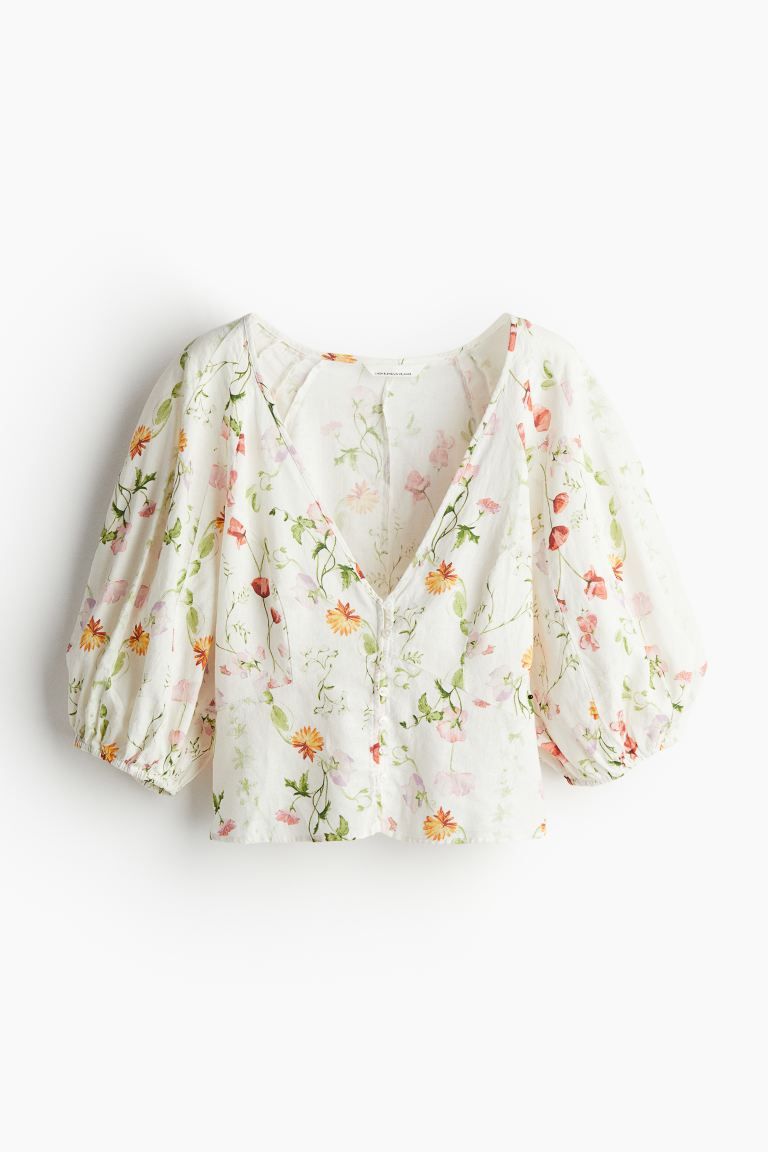 Linen-blend Blouse - White/floral - Ladies | H&M US | H&M (US + CA)