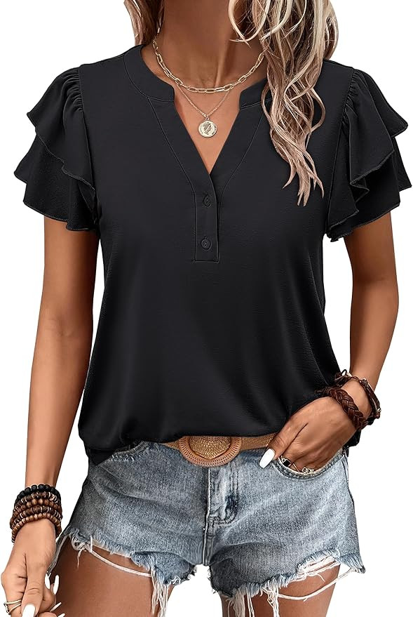 ANRABESS Womens Tops Dressy Casual Ruffle Short Sleeve V Neck Blouses Summer Button Down Business... | Amazon (US)