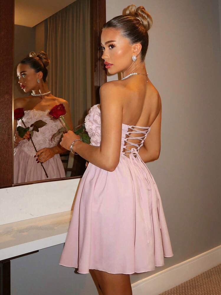Relinas Elegant And Romantic Valentine's Day Luxury Satin Strapless Back Strap Mini Dresses For Women Strapless Solid Color Lace Up Pink Dress With Floral 3D Rose Kisses Valentine's Day Dress | SHEIN