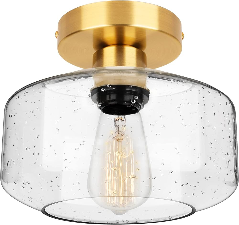 Semi Flush Mount Ceiling Light, Industrial Seeded Glass Lamp Shade Ceiling Light Fixtures with Br... | Amazon (US)