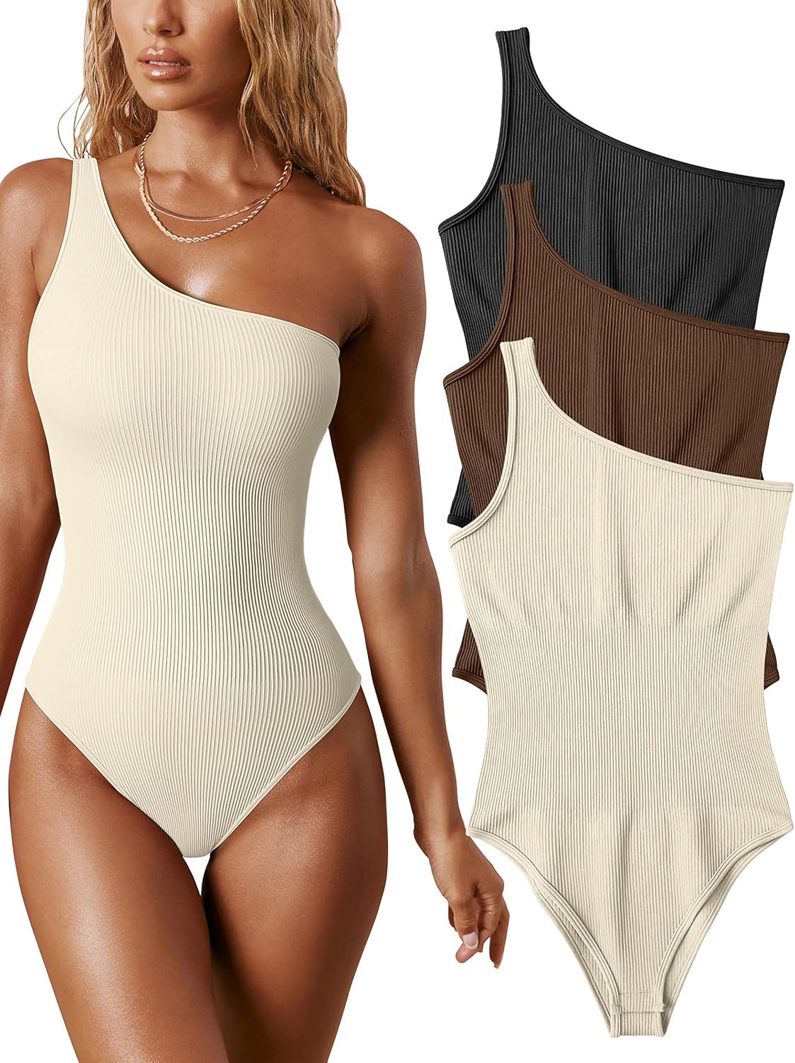 OQQ Women's 3 Piece Bodysuits Sexy Ribbed One Shoulder Sleeveless Exercise Bodysuits | Amazon (US)