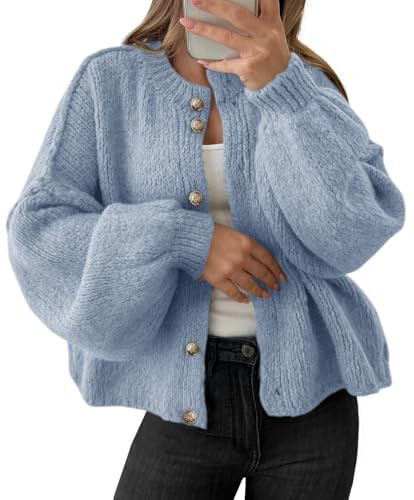Saodimallsu Womens Oversized Cardigans Button Up Long Lantern Sleeve Chunky Knit Casual Soft Fall Sweater Coats Blue | Amazon (US)