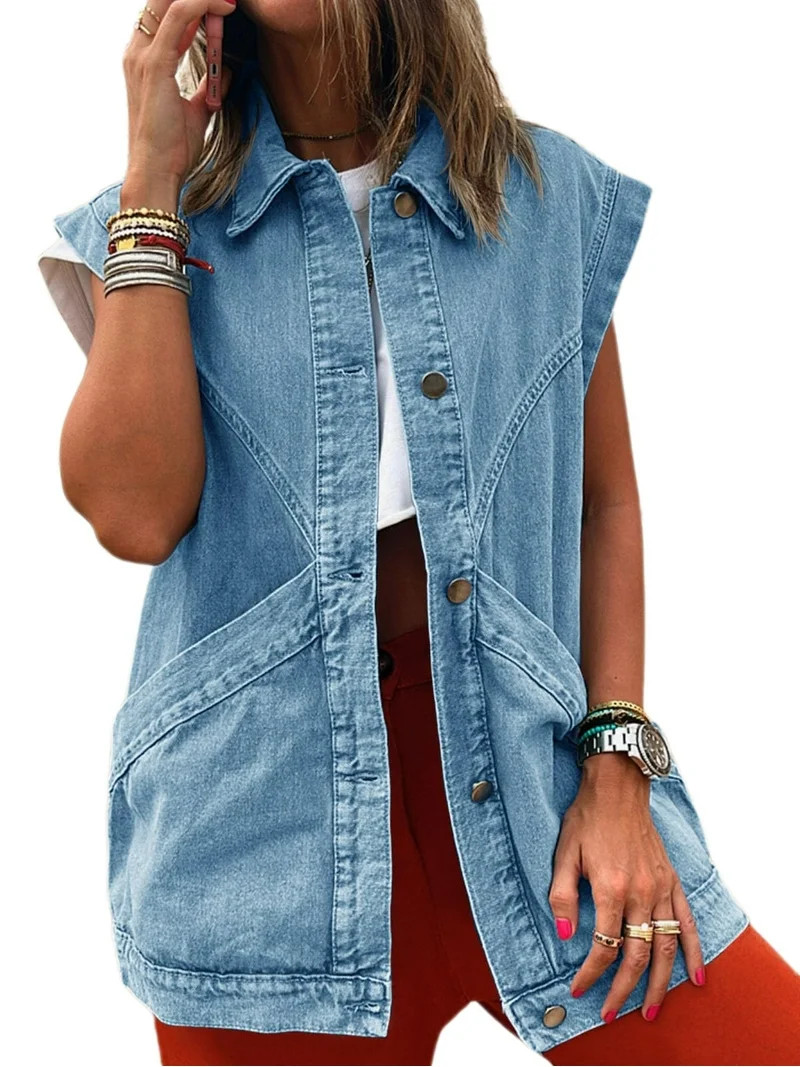 Womens Oversized Sleeveless Denim Vest Classic Button Down Jean Vest Casual Utility Lapel Jean Ja... | Walmart (US)