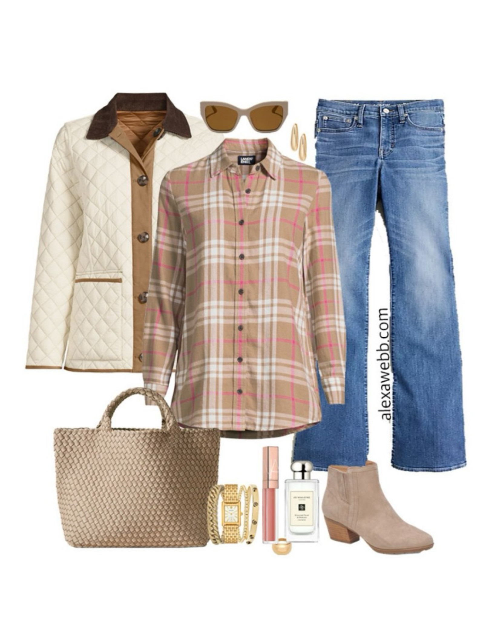 Plus Size Flannel & Pink Sweater Outfits - A plus size casual outfit for fall into winter with a plaid flannel shirt, bootcut jeans, trendy woven tote bag, and ankle booties. Top with a barn jacket as needed. Alexa Webb #plussize

#LTKPlusSize #LTKStyleTip #LTKSeasonal