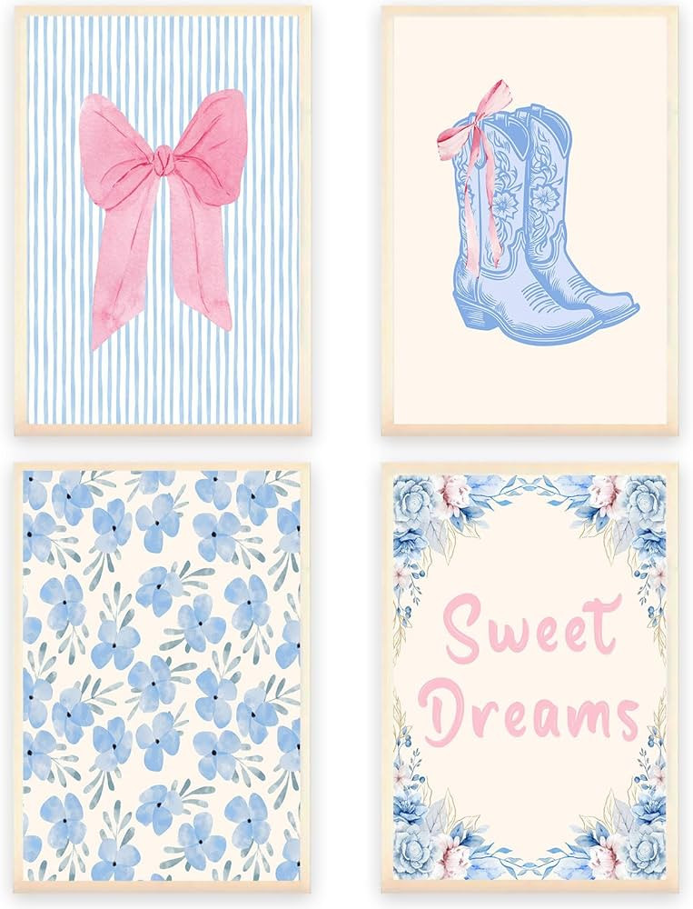 Trendy Preppy Set Of 4 Posters Pink Bow Boots Blue And White Stripes Canvas Wall Art Sweet Dreams... | Amazon (US)