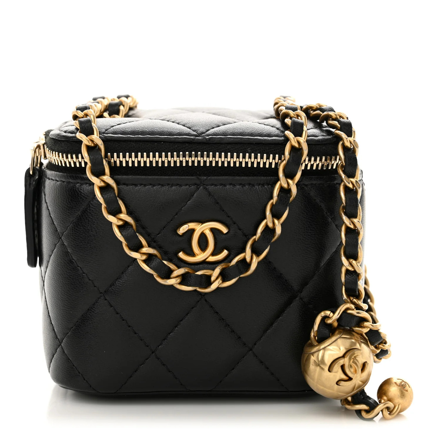 Lambskin Quilted Mini Pearl Crush Vanity Case With Chain Black | FASHIONPHILE (US)