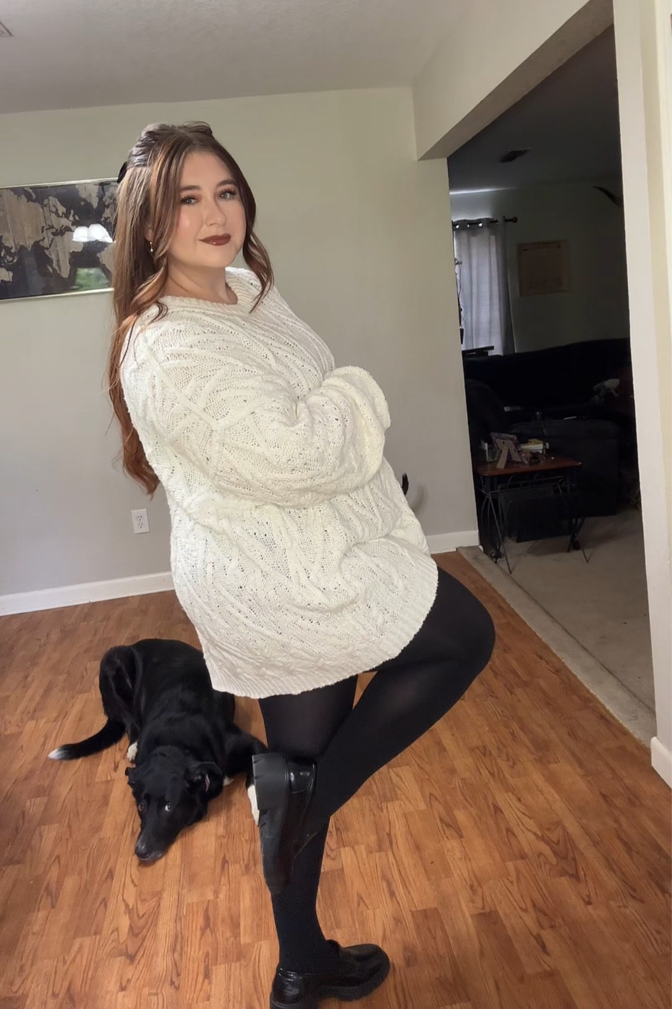 Thanksgiving Outfit of the day 
Sweater @freepeople size L/XL on sale for Black Friday 
Shoes @revolve linked similar too, it used to fit but my feet are fat now.
Tights & bow are @amazonfashion
Makeup: 🖇️🔗
Dog: not linked 

#LTKstyletip #LTKHoliday #LTKbump