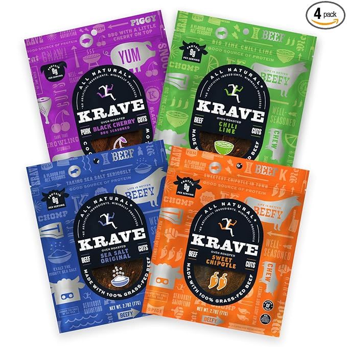 KRAVE Jerky Variety Favorites Beef and Pork 4 Pack | Premium Chef Crafted Meat Cuts With Unique F... | Amazon (US)