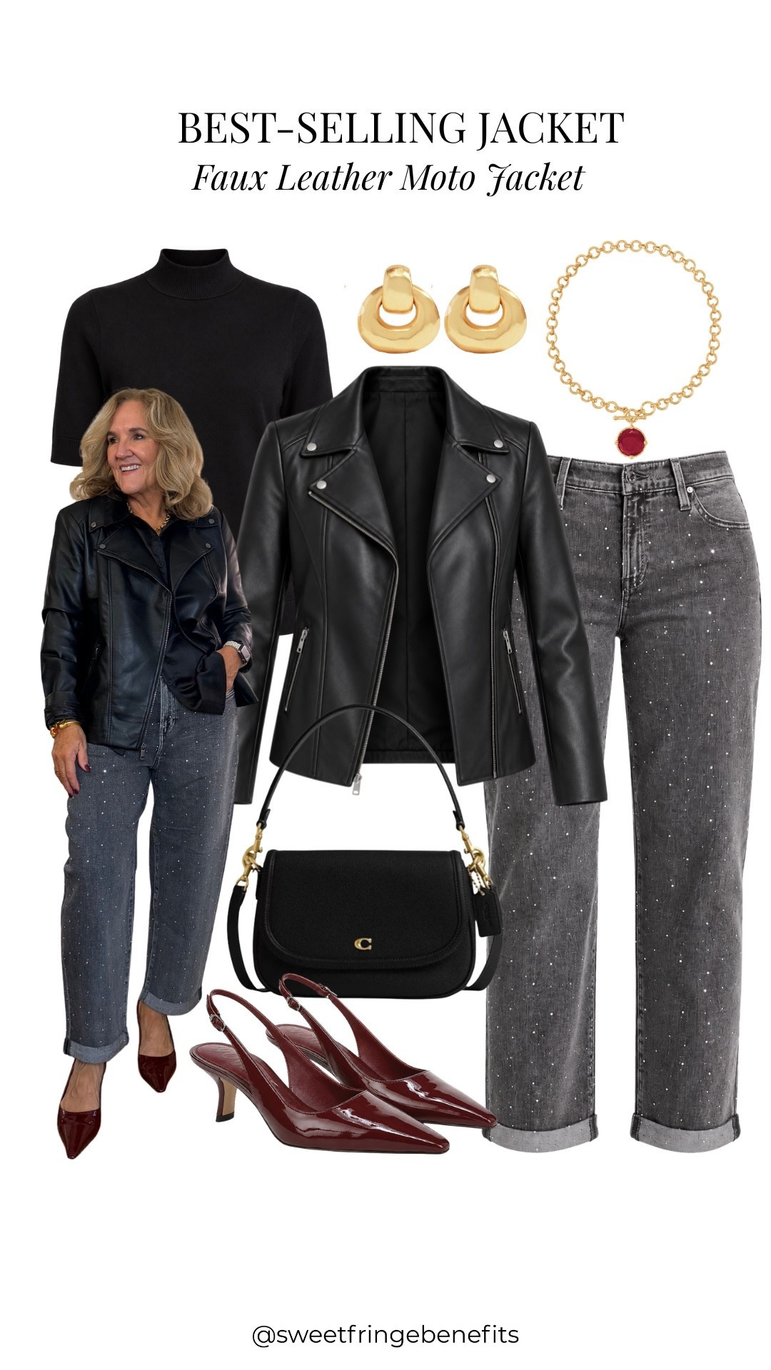 Well, I can see why this faux leather moto jacket is our best seller! I’m wearing a size 1.0 in everything, and a little tip on the rhinestone jeans: size down if you prefer a less slouchy fit.