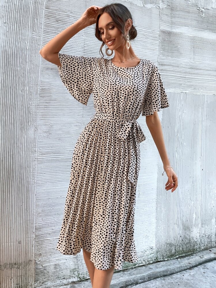 Graphic Print Butterfly Sleeve Belted Dress | SHEIN