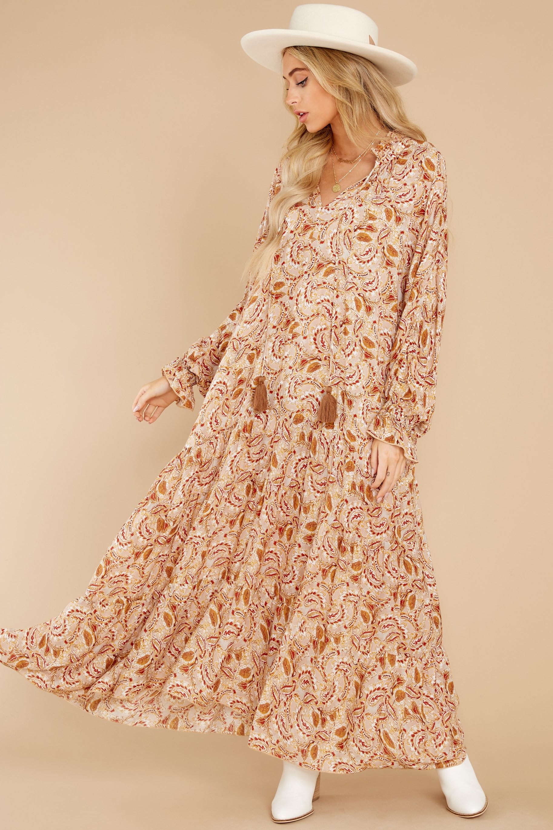 Falling Foliage Beige Multi Print Maxi Dress | Red Dress 