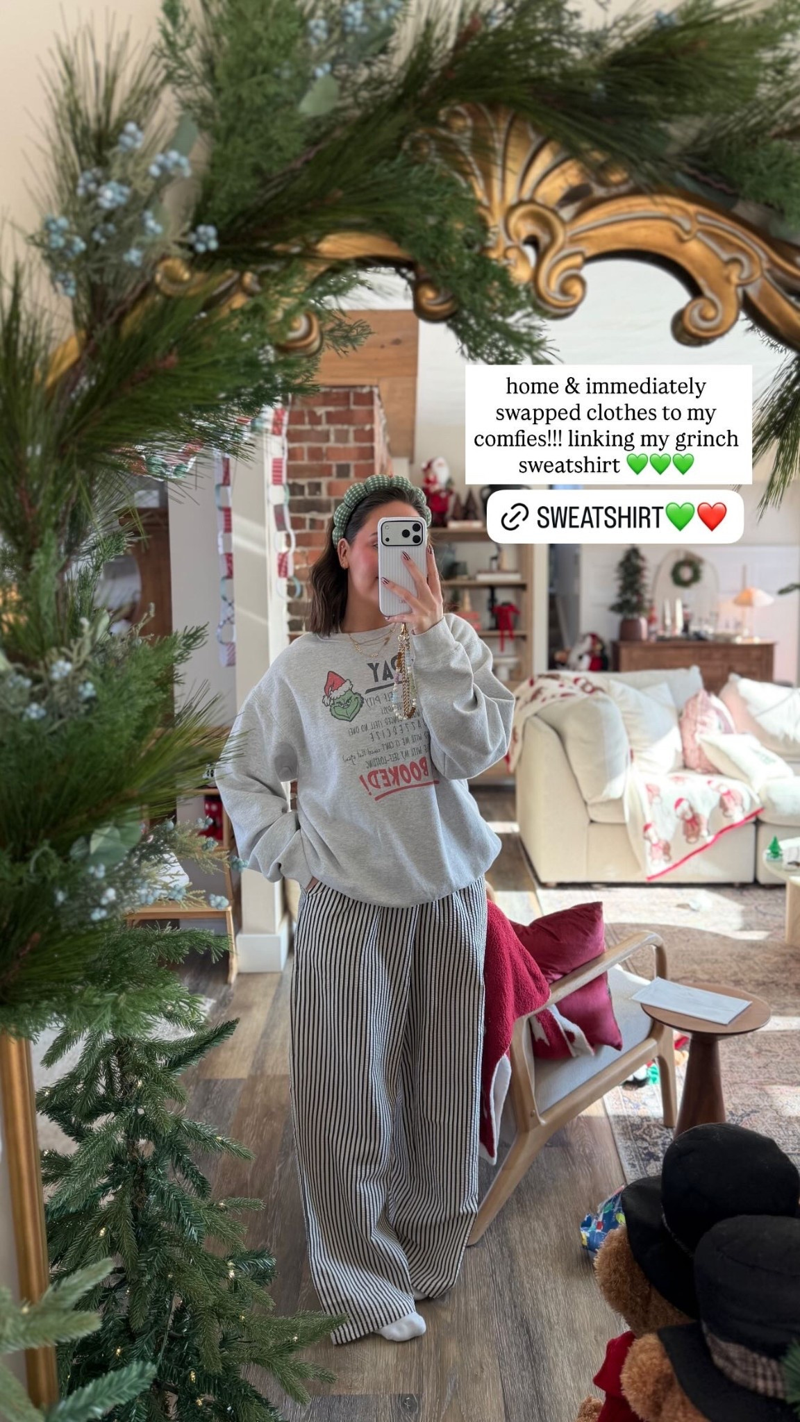home & immediately swapped clothes to my comfies!!! linking my grinch sweatshirt 💚💚💚