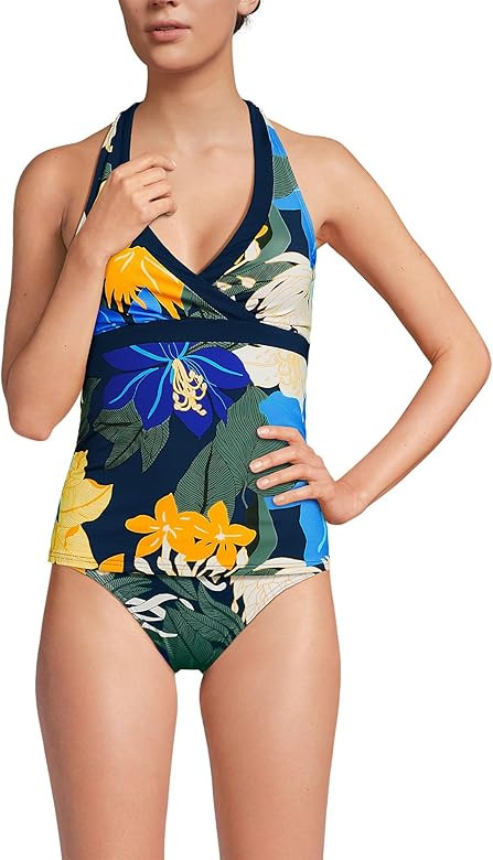 Lands' End Women's Texture V-Neck Halter Tankini Swimsuit Top | Amazon (US)