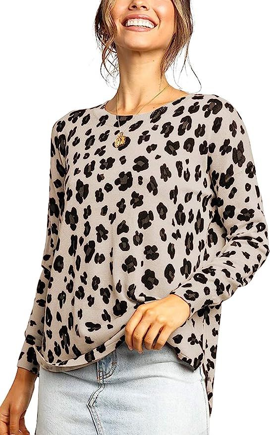 Angashion Women's Casual Leopard Printed Crewneck Long Sleeve High Low Knitted Pullover Tunic Swe... | Amazon (US)